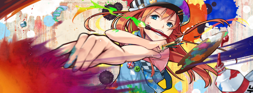 1girl blue_eyes hat highres long_hair meso-meso mouth_hold orange_hair original overalls paint paintbrush palette solo tagme