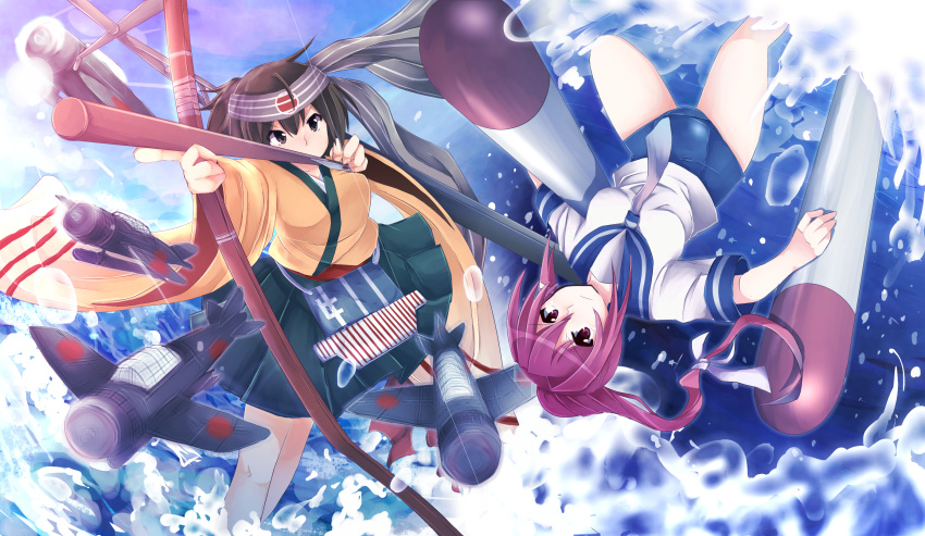 airplane archery blouse bow_(weapon) bubble flight_deck hairband highres i-168_(kantai_collection) japanese_clothes kantai_collection kona_(soyakimi) kyuudou long_hair long_sleeves one-piece_swimsuit ponytail quiver red_eyes redhead ribbon school_swimsuit school_uniform serafuku single_glove skirt swimsuit swimsuit_under_clothes torpedo upside-down water weapon wide_sleeves yugake