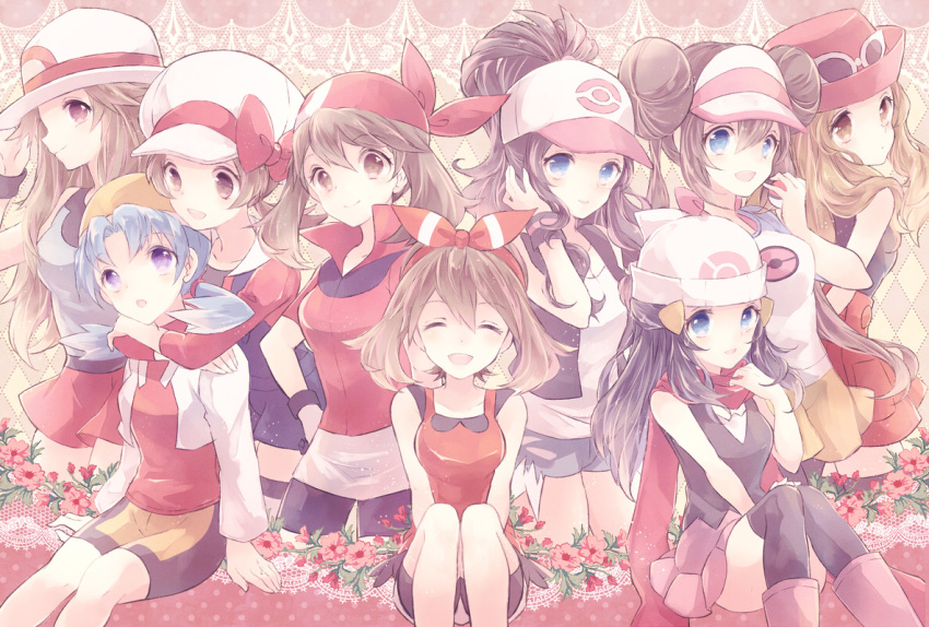 6+girls bandana baseball_cap beanie bike_shorts black_hair black_legwear blonde_hair blue_(pokemon) blue_eyes blue_hair blush boots bow brown_eyes brown_hair cabbie_hat crystal_(pokemon) denim denim_shorts double_bun flower gloves hair_ornament hair_ribbon hairclip haruka_(pokemon) haruka_(pokemon)_(remake) hat hat_bow hat_ribbon high_ponytail hikari_(pokemon) holding holding_poke_ball hug hug_from_behind jacket kabocha_torute kotone_(pokemon) long_hair looking_at_viewer mei_(pokemon) miniskirt multiple_girls open_mouth overalls pantyhose pink_skirt pleated_skirt poke_ball pokemon pokemon_(game) raglan_sleeves red_scarf red_skirt ribbon scarf serena_(pokemon) short_shorts shorts skirt sleeveless sleeveless_shirt smile sunglasses sunglasses_on_head thigh-highs touko_(pokemon) twintails two_side_up vest wristband