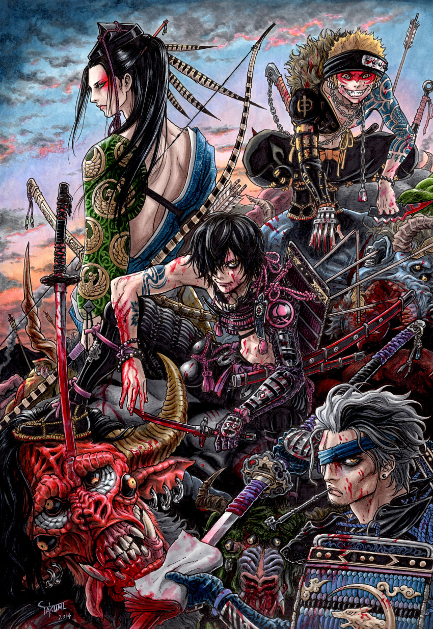 4boys absurdres armor arrow artist_name black_hair blonde_hair blood blood_on_face bloody_weapon bow_(weapon) cleaning_weapon demon earrings feathers green_eyes grin hair_feathers hair_over_one_eye highres horns jewelry katana knife kote kusarigama lips long_hair marker_(medium) marlboro_(artist) multiple_boys original pipe profile scar sickle signature silver_hair smile sode suneate sword teeth traditional_media weapon yellow_eyes