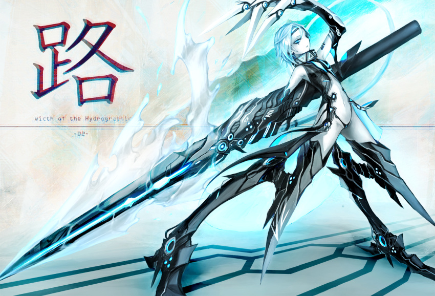 1girl arm_up blue_eyes claws flat_chest glowing glowing_weapon grey_eyes lance looking_at_viewer mecha_musume mechanical_arms mechanical_legs midriff navel navel_cutout original polearm revealing_clothes science_fiction silver_hair solo spark621 weapon