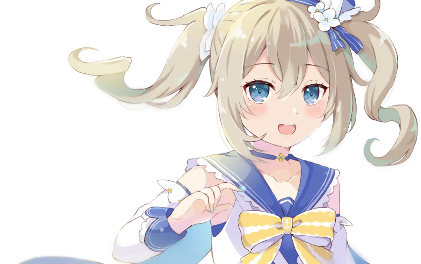 1girl barbara_pegg bare_shoulders blonde_hair blue_eyes blush bow bowtie choker drill_hair genshin_impact hat looking_at_viewer open_mouth sailor_collar sailor_hat simple_background smile solo swimsuit twin_drills twintails white_background yukiduki_(yukiduki02)