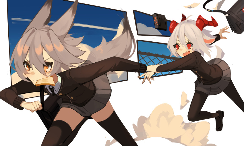 absurdres animal_ears bag bangs black_jacket black_neckwear blazer borrowed_character clenched_hand clock collared_shirt digital_clock fence fenrir_(ghost_(tama)) food food_in_mouth ghost_(tama) goat_ears goat_girl goat_horns grey_hair hair_between_eyes hanah_(populamalus) highres holding_another's_arm horns jacket mouth_hold necktie open_mouth orange_eyes original pantyhose red_eyes running school_bag school_uniform shirt tail thigh-highs toast toast_in_mouth white_hair white_shirt wolf_ears wolf_girl wolf_tail