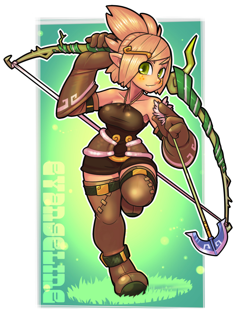 1girl arrow blonde_hair boots bow_(weapon) breasts character_name cra detached_sleeves dress evangelyne freckles gloves green_eyes hair_ornament hairclip halterneck highres over_shoulder pointy_ears running sarikyou short_dress short_hair solo thigh-highs thigh_boots wakfu weapon weapon_over_shoulder zettai_ryouiki