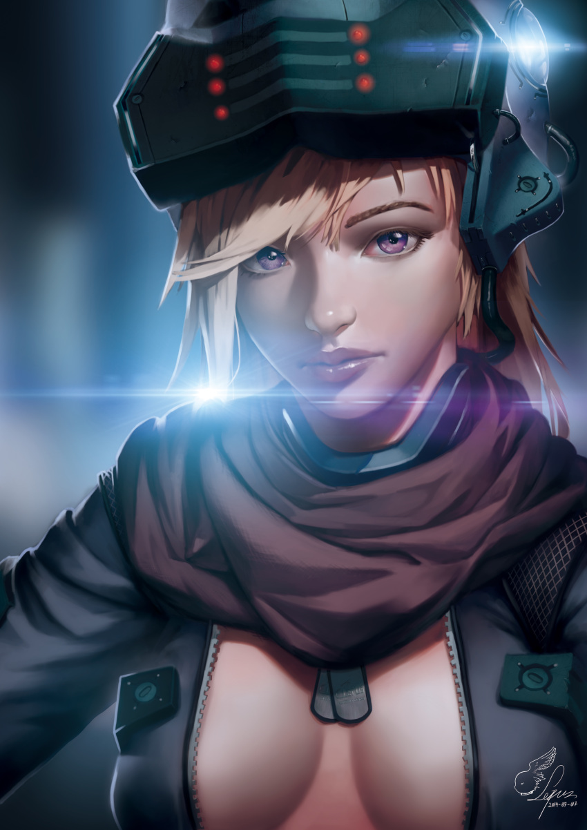 1girl absurdres blonde_hair breasts cleavage dog_tags helmet highres lepus long_hair open_clothes open_jacket solo violet_eyes