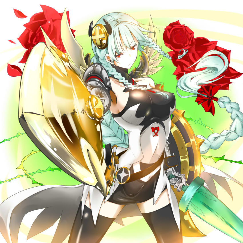 1girl armor armored_dress bare_shoulders black_dress black_legwear blue_hair bow braid breasts collarbone dress dual_wielding feathered_wings flower gauntlets hair_bow hair_ornament halterneck highres holding holding_sword holding_weapon large_breasts long_hair pointing pointing_at_viewer puzzle_&amp;_dragons red_bow red_eyes red_rose rose serious shield showgirl_skirt sideboob single_braid sleeveless sleeveless_dress solo sword thigh-highs thorns twin_braids valkyrie valkyrie_(p&amp;d) vines weapon wings zettai_ryouiki