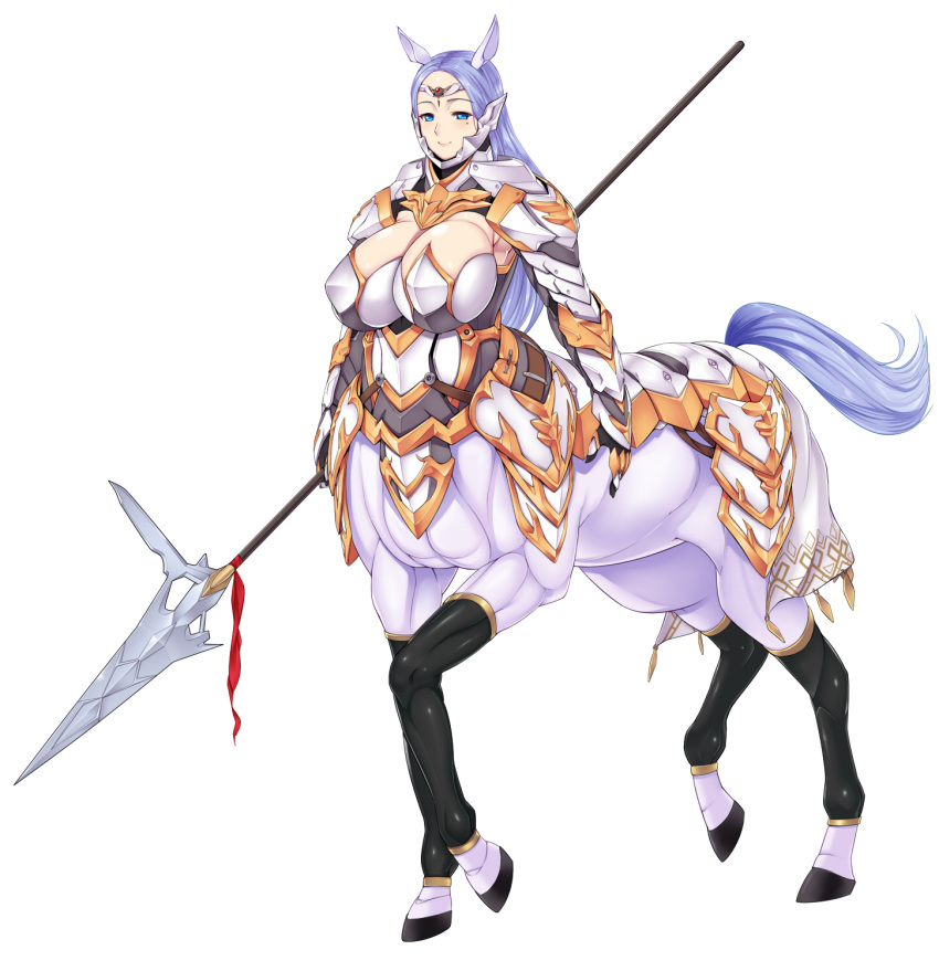 animal_ears armor blue_eyes blue_hair breasts centaur highres horse_ears huge_breasts monster_girl polearm smile spear vuccha weapon
