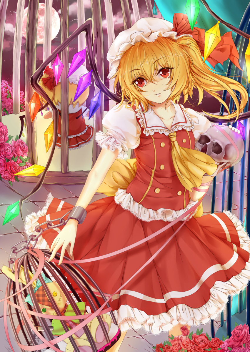 2girls ascot back-to-back birdcage blonde_hair bow cage chain clouds cloudy_sky crack crystal cuffs curtains doll flandre_scarlet flower frilled_shirt frilled_skirt frills full_moon highres hongmao knife mob_cap moon multiple_girls needle night patches pink_ribbon pink_rose red_eyes red_moon red_rose red_skirt redhead ribbon rose short_hair short_sleeves side_ponytail sitting skirt skull sky smile stabbed star_(sky) stone_floor touhou toy toy_bunny wings