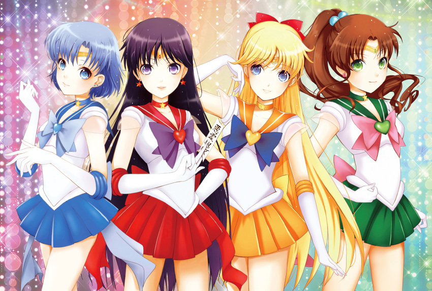 4girls aino_minako bishoujo_senshi_sailor_moon black_hair blonde_hair blue_eyes blue_hair blue_skirt bow brown_hair choker cowboy_shot earrings elbow_gloves gloves green_eyes hair_bow half_updo hand_in_hair highres hino_rei jewelry kino_makoto long_hair looking_at_viewer magical_girl mizuno_ami multiple_girls orange_skirt parted_lips ponytail red_skirt sailor_senshi short_hair skirt standing super_sailor_jupiter super_sailor_mars super_sailor_mercury super_sailor_venus tiara violet_eyes wang_jiabo