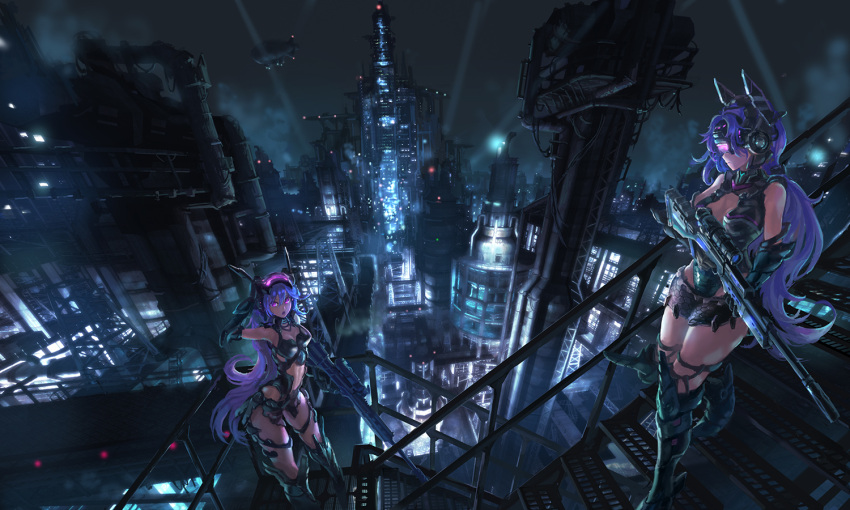 2girls boots cityscape denki elbow_gloves gloves head_mounted_display headgear headwear long_hair multiple_girls original pink_eyes purple_hair scenery science_fiction thigh-highs thigh_boots weapon
