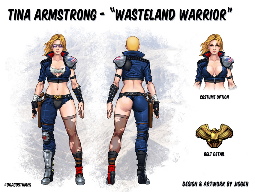 1girl alternate_costume asymmetrical_clothes blonde_hair blue_eyes breasts character_profile cropped_jacket dead_or_alive dead_or_alive_5 denim greaves gun handgun high_heel_boots high_heels highres hokuto_no_ken holster jeans josef_axner large_breasts midriff no_bra parody revolver short_hair shoulder_pads sideboob single_glove single_pantsleg single_thighhigh solo sunglasses thigh-highs tina_armstrong torn_clothes torn_jeans torn_thighhighs tubetop unzipped vambraces weapon