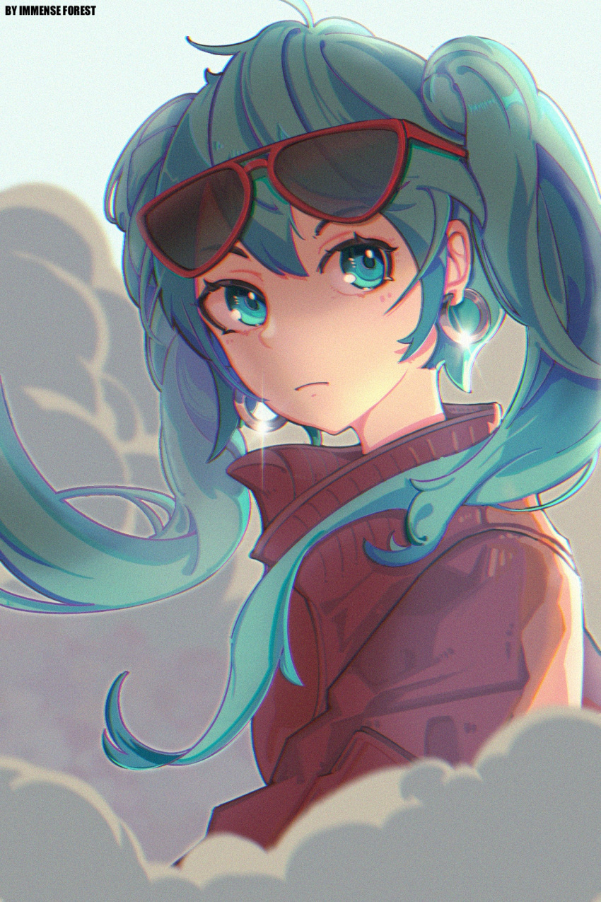 1girl bangs blue_eyes blue_hair dust earrings eyewear_on_head floating_hair hatsune_miku highres hoop_earrings jacket jewelry lin_hai long_hair looking_to_the_side red_jacket shiny solo suna_no_wakusei_(vocaloid) sunglasses twintails upper_body vocaloid