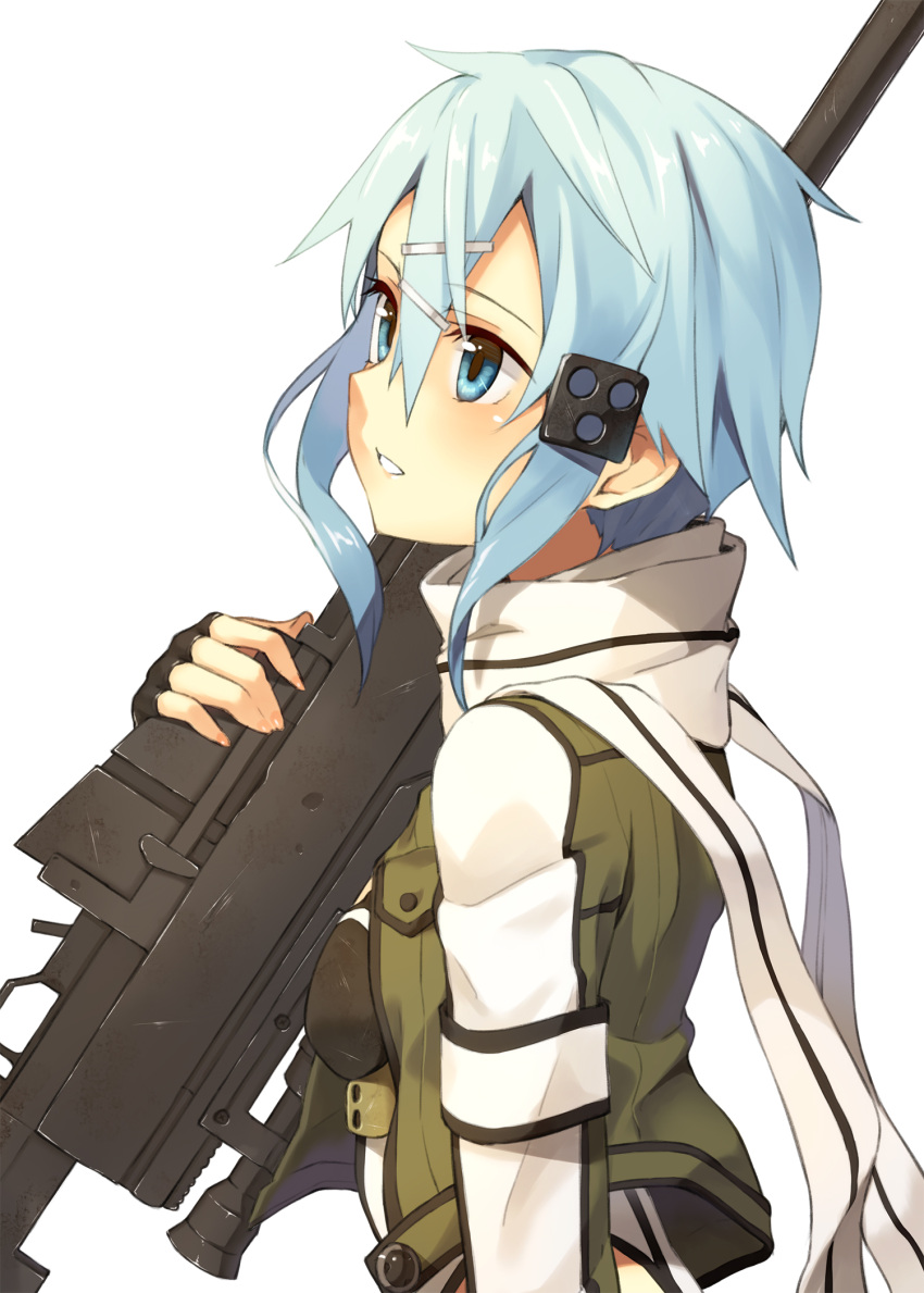 1girl blue_eyes blue_hair fingerless_gloves gloves gun highres kinta_(distortion) profile rifle scarf shinon_(sao) short_hair sniper_rifle solo sword_art_online weapon white_background