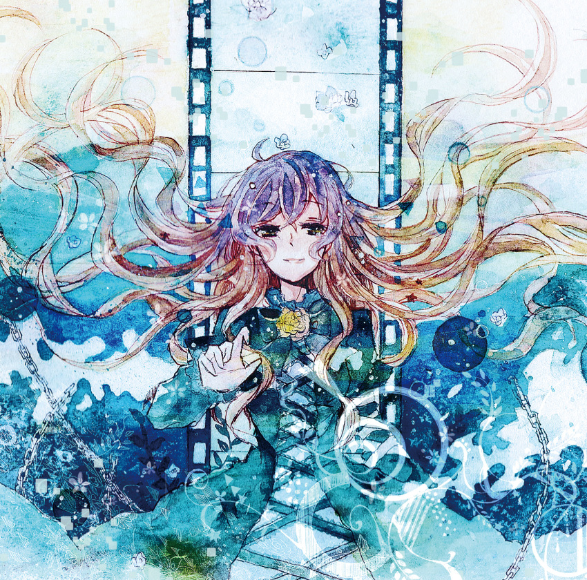 brown_hair chain dress film_strip flower gradient_hair hair highres hijiri_byakuren multicolored_hair purple_hair shiratsuyu touhou underwater water yellow_eyes