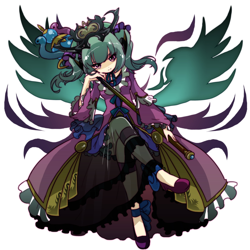 1girl anklet aqua_hair astaroth_(p&amp;d) blue_bow blue_ribbon bow choker crossed_legs dress frilled_dress frilled_sleeves frills full_body hair_ornament hand_on_own_face head_rest highres holding horns jewelry leg_band long_hair long_sleeves pikomarie purple_dress puzzle_&amp;_dragons ribbon ribbon_choker shoes simple_background sitting smile solo staff tiara twintails violet_eyes white_background wings