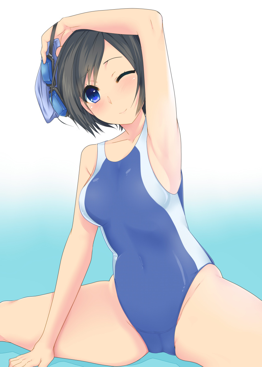 1girl absurdres armpits arms_up black_hair blue_eyes competition_swimsuit geminiboar goggles highres one-piece_swimsuit one_eye_closed original short_hair stretch swim_cap swimcap_removed swimsuit