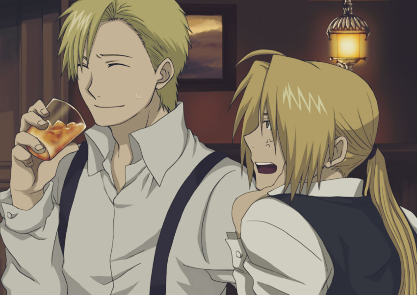 2boys ahoge alphonse_heiderich anger_vein anime_coloring artist_request blonde_hair blouse brown_eyes closed_eyes conqueror_of_shambala edward_elric frown fullmetal_alchemist glass hand_on_own_face interior long_hair multiple_boys older open_mouth ponytail room short_hair smile suspenders sweat