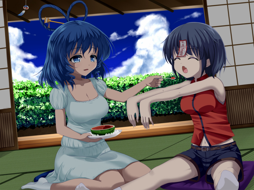 2girls alternate_costume blue_eyes blue_hair clouds commentary_request dress drill_hair fang feeding food fruit hair_ornament hair_rings hair_stick kaku_seiga miyako_yoshika multiple_girls no_hat ofuda open_mouth outstretched_arms panties pantyshot pantyshot_(sitting) short_hair shorts sitting sleeveless smile touhou u2_(5798239) underwear wariza watermelon wind_chime