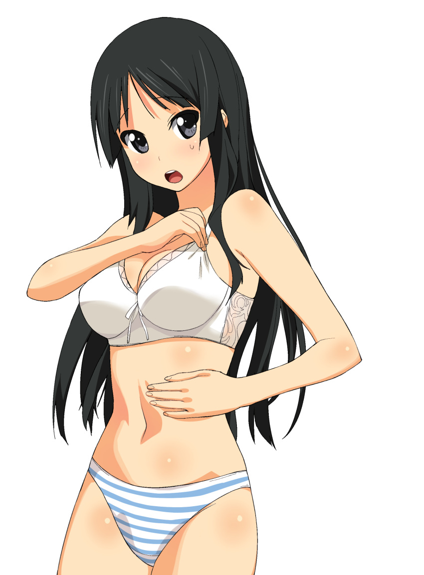 1girl a1 absurdres adjusting_bra adjusting_clothes akiyama_mio black_eyes black_hair bra hand_on_own_stomach highres k-on! long_hair open_mouth panties solo striped striped_panties underwear