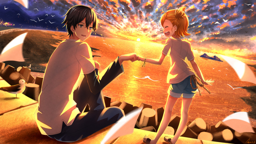 1boy 1girl :d ^_^ barakamon bird black_hair bloud brown_hair closed_eyes fisheye fist_bump handa_seishuu highres horizon kotoishi_naru ocean open_mouth pants seagull shirt shorts smile sunset swordsouls tagme tetrapod wall