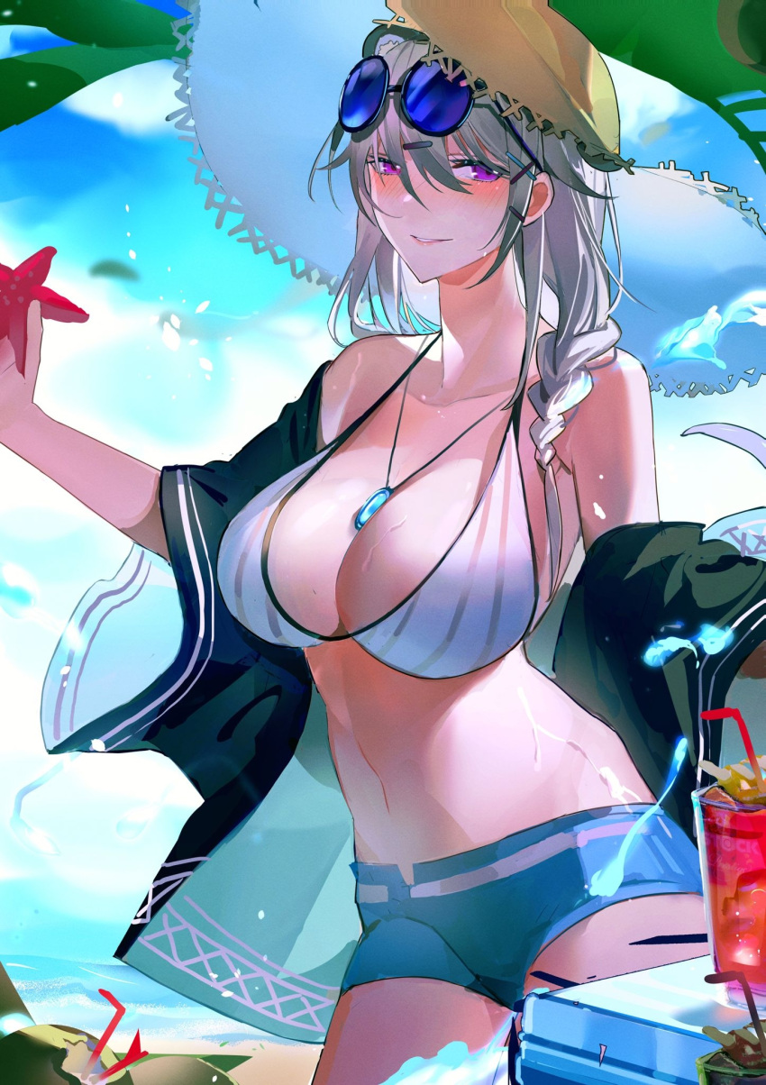 1girl arknights bangs bare_shoulders bikini blue_shorts blue_sky blush braid breasts chinese_commentary commentary_request cowboy_shot day eyewear_on_head grey_bikini hair_between_eyes hat highres holding jewelry large_breasts long_hair navel off_shoulder pendant poxiao_buff short_shorts shorts silver_hair sky solo standing starfish stomach sun_hat sunglasses swimsuit utage_(arknights) utage_(summer_flowers)_(arknights) violet_eyes