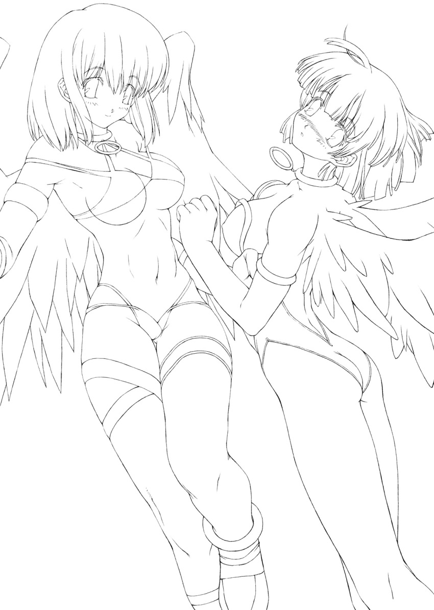 angel angel_wings highres leotard looking_at_viewer monochrome short_hair simple_background uchiu_kazuma wings