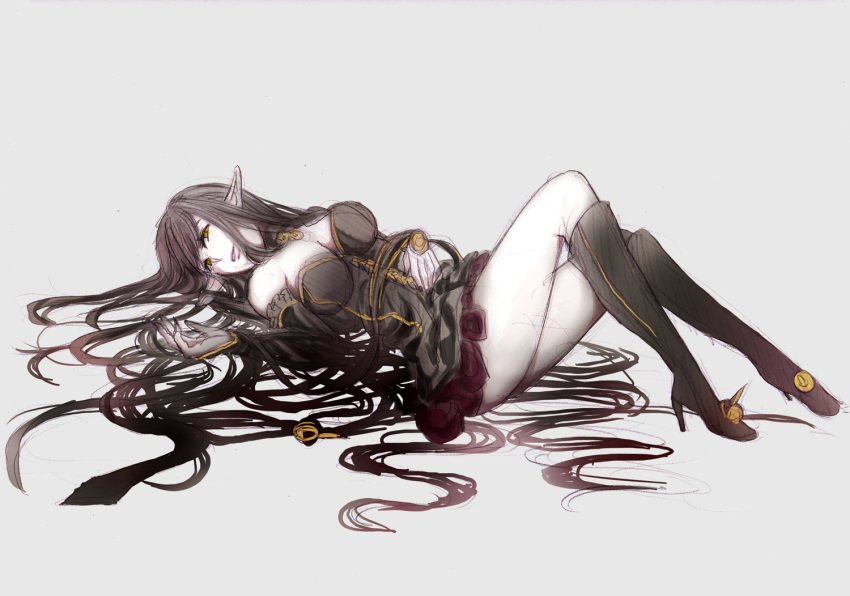 1girl boots breasts cleavage dress knee_boots long_hair lying original otori666 pointy_ears smile