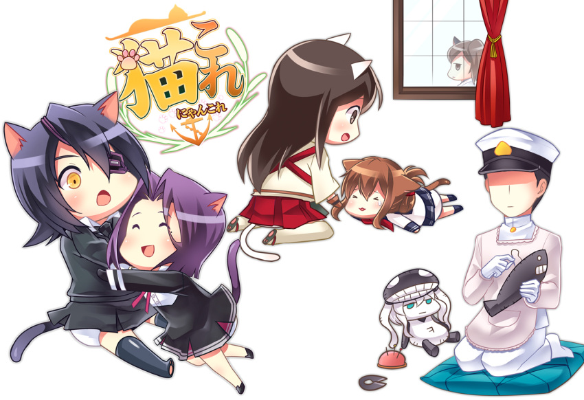 &gt;_&lt; 1boy 5girls :3 admiral_(kantai_collection) akagi_(kantai_collection) animal_ears apron blue_eyes brown_eyes brown_hair cat_ears cat_tail character_doll chibi closed_eyes cushion eyepatch faceless faceless_male gloves half_updo hat hug i-class_destroyer inazuma_(kantai_collection) japanese_clothes kaga_(kantai_collection) kantai_collection machinicalis multiple_girls naval_uniform open_mouth panties pincushion purple_hair scissors sewing shinkaisei-kan side_ponytail sweatdrop tail tatsuta_(kantai_collection) tenryuu_(kantai_collection) thigh-highs underwear wo-class_aircraft_carrier yellow_eyes