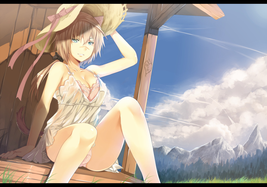 1girl animal_ears blonde_hair breasts cleavage hanna_rudel hat hews_hack scar smile solo strike_witches tail