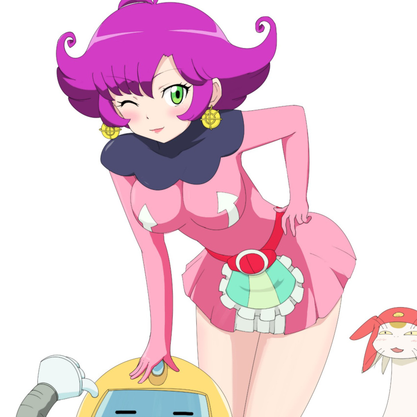 1girl ahoge blush cat commentary_request curly_hair dress earrings female_dandy green_eyes highres jewelry maimai251 meow_(space_dandy) purple_hair qt_(space_dandy) robot short_hair simple_background smile solo space_dandy white_background wink