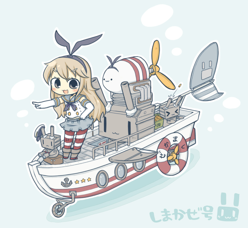 &gt;:3 &gt;_&lt; 1girl :3 anchor_symbol blonde_hair blue_skirt boat bow elbow_gloves gloves hair_bow hairband highres kantai_collection long_hair looking_at_viewer motor_vehicle neckerchief open_mouth pleated_skirt pointing propeller rensouhou-chan sailor_collar shimakaze_(kantai_collection) skirt solo striped striped_legwear vehicle wacky_races yuasan |_|