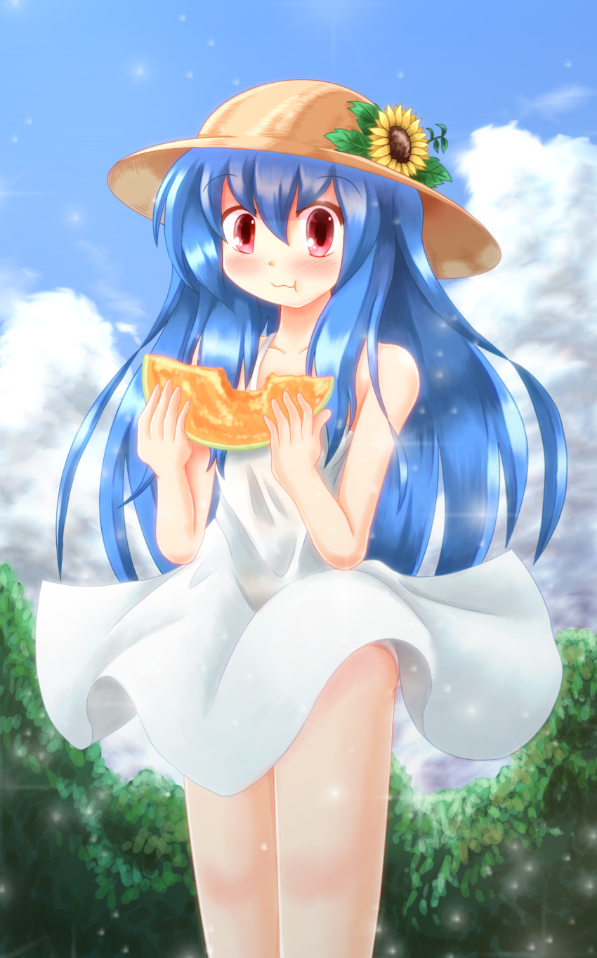 1girl alternate_costume blue_hair clouds contemporary dress eating flower food fruit hat highres hinanawi_tenshi long_hair looking_at_viewer melon red_eyes solo sunflower t.m_(aqua6233) touhou white_dress
