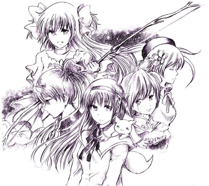 5girls :3 :d akemi_homura beret black_hair bow_(weapon) cape choker closed_eyes crying crying_with_eyes_open dress goddess_madoka hair_ornament hair_ribbon hairpin hat kaname_madoka kyubey lineart long_hair looking_at_another looking_at_viewer magical_girl mahou_shoujo_madoka_magica miki_sayaka monochrome mouth_hold multiple_girls open_mouth pocky ponytail ribbon sakura_kyouko short_hair smile spoilers tears tomoe_mami two_side_up weapon white_background