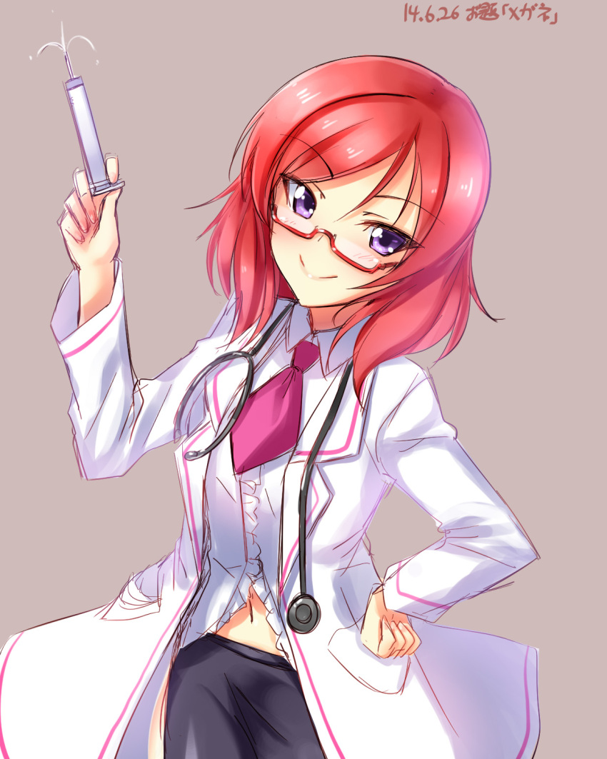 1girl bespectacled blush dated glasses hand_on_hip highres labcoat looking_at_viewer love_live!_school_idol_project navel nishikino_maki red-framed_glasses redhead semi-rimless_glasses short_hair smile solo stethoscope syringe under-rim_glasses violet_eyes yu-ta