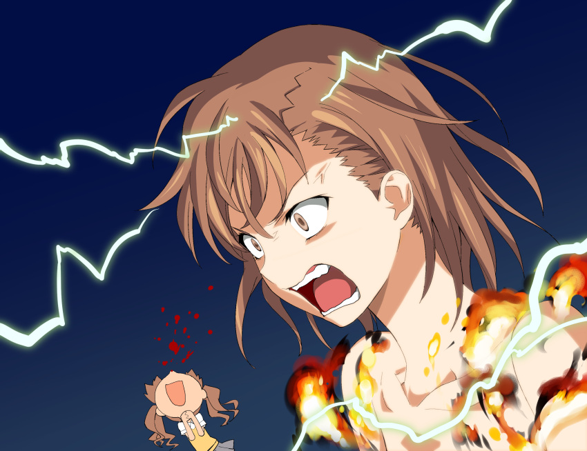 a1 anger_vein angry blood electricity explosion highres lightning_bolt misaka_mikoto nosebleed school_uniform shirai_kuroko to_aru_kagaku_no_railgun to_aru_majutsu_no_index