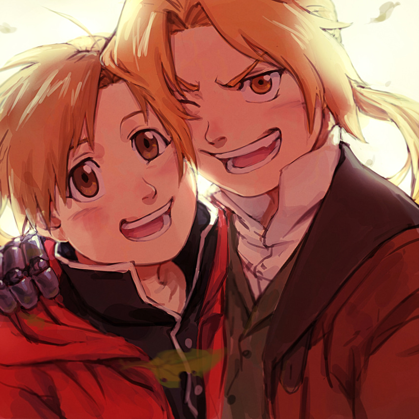 2boys absurdres alphonse_elric automail blonde_hair blush brothers brown_eyes brown_hair cheek-to-cheek cloak conqueror_of_shambala edward_elric fullmetal_alchemist hand_on_another's_shoulder highres jacket long_hair looking_at_viewer multiple_boys older one_eye_closed open_mouth ponytail siblings smile yellow_eyes