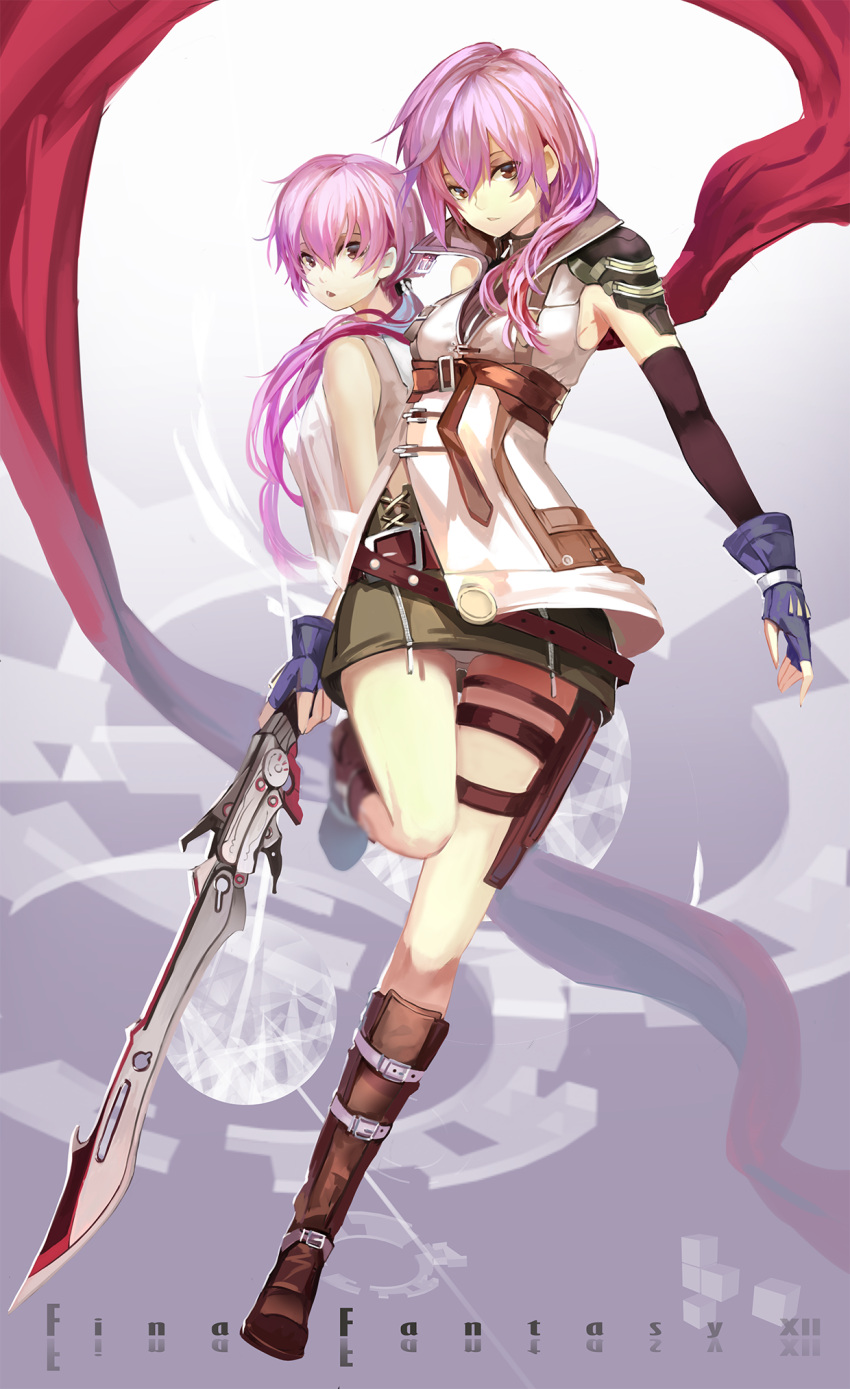 2girls bare_shoulders blue_eyes boots brown_eyes cape final_fantasy final_fantasy_xiii fingerless_gloves gloves highres holster lightning_farron long_hair multiple_girls panties pantyshot pantyshot_(standing) pink_hair saberiii serah_farron side_ponytail skirt standing sword thigh_holster underwear weapon white_panties