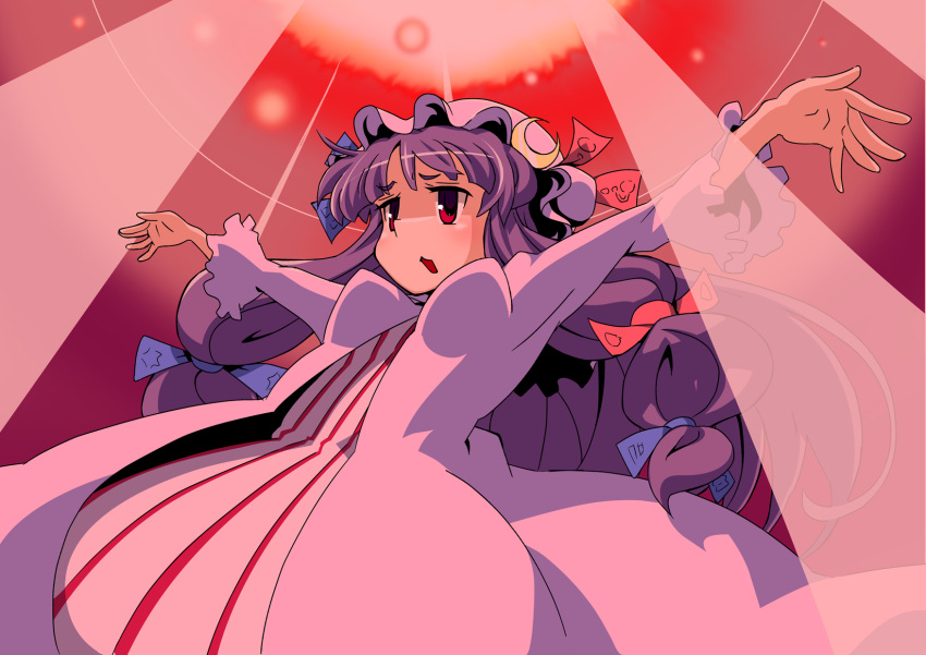 1girl crescent_hair_ornament eyes from_below hair_ornament hat highres long_hair outstretched_arms patchouli_knowledge purple_hair red royal_flare solo touhou ueno