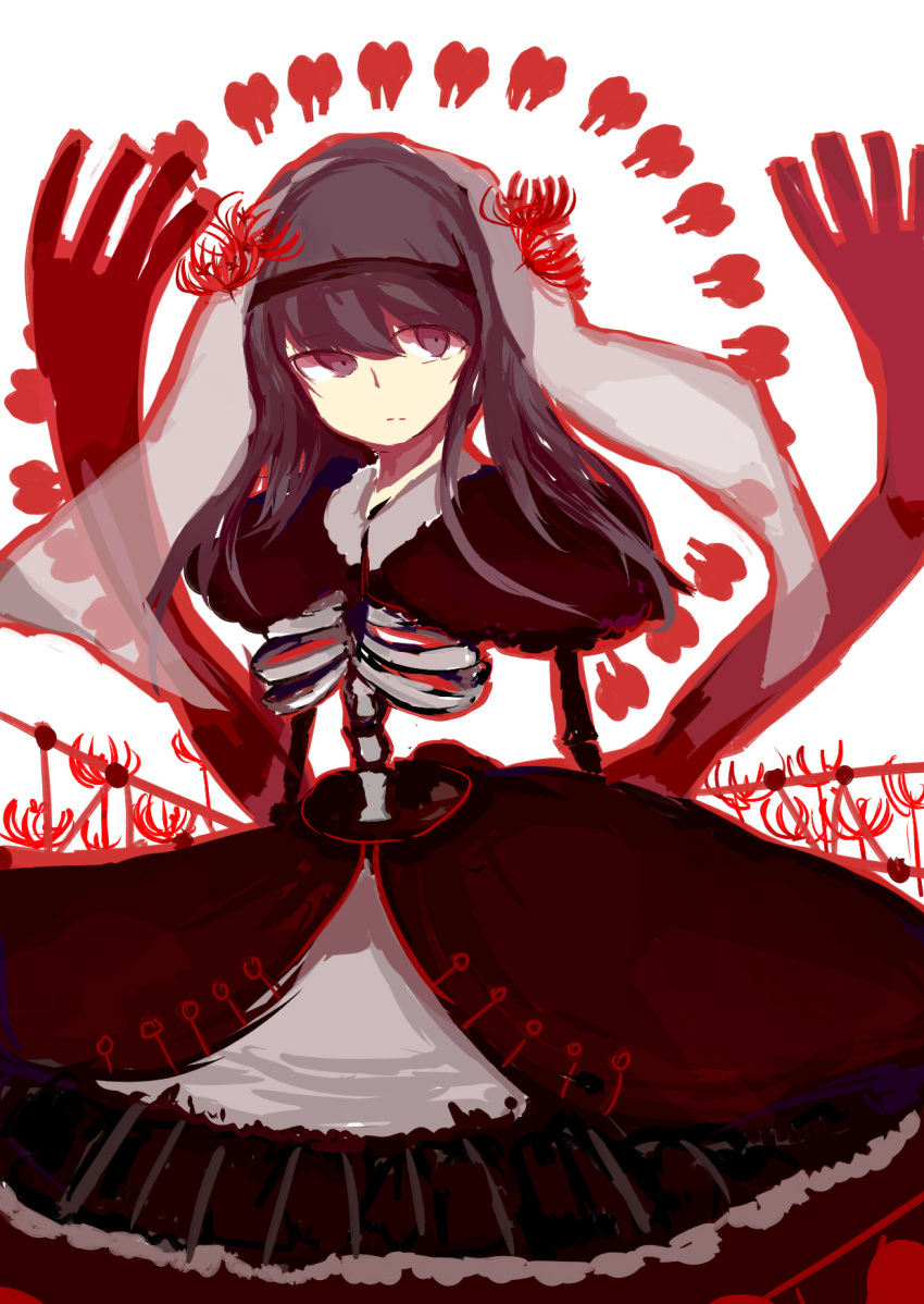 1girl akemi_homura black_hair dress flower funeral_dress hairband highres homulilly long_hair mahou_shoujo_madoka_magica mahou_shoujo_madoka_magica_movie ribs simple_background solo spider_lily spine spoilers tooth veil violet_eyes white_background witch_(madoka_magica)