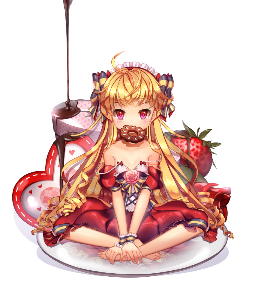 1girl agrt ahoge barefoot blonde_hair blush bow box character_request chocolate_syrup collarbone curly_hair dress flower food fruit full_body gift gift_box hairband heart highres lolita_hairband long_hair looking_at_viewer mouth_hold pink_eyes red_rose reflection rose sitting small_breasts solo strap_slip strawberry sword_girls v_arms valentine very_long_hair white_background wrist_cuffs