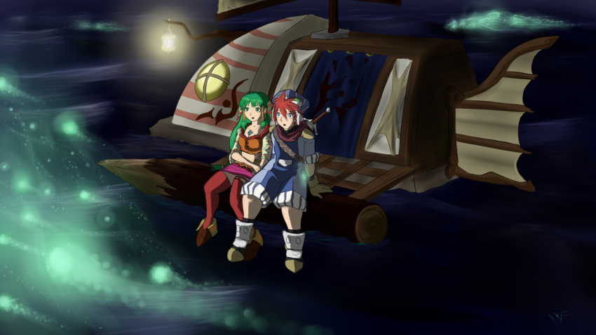 boat feena grandia green highres journey justin night ocean sea_of_mermaids spirits