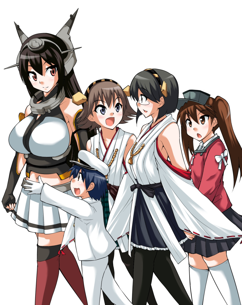 1boy 4girls :d azumanga_daioh black_eyes black_hair black_legwear bow breasts brown_hair chestnut_mouth detached_sleeves glasses gloves hat headgear height_difference hiei_(kantai_collection) highres japanese_clothes kantai_collection kariginu kirishima_(kantai_collection) long_hair multiple_girls nagato_(kantai_collection) naval_uniform navel nontraditional_miko open_mouth parody peaked_cap pleated_skirt reaching red_eyes rimless_glasses ryuujou_(kantai_collection) short_hair shota_admiral_(kantai_collection) simple_background skirt smile tagme thigh-highs twintails visor_cap walking white_background white_gloves yamato_nadeshiko zettai_ryouiki