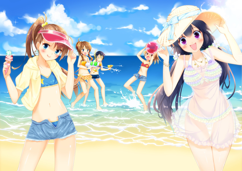 5girls barefoot beach bikini blue_eyes blue_hair blush bracelet brown_eyes brown_hair food hat ice_cream jacket jewelry multiple_girls navel ocean open_mouth original ponytail see-through shorts skirt sky smile snorkel swimsuit tagme twintails violet_eyes visor_cap water water_gun