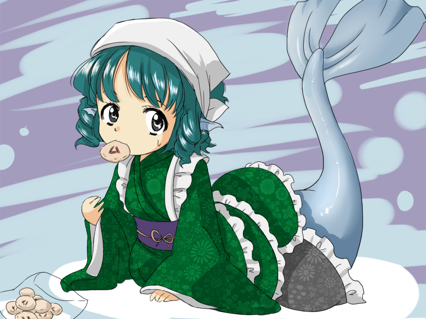 1girl arm_support bag bandana blue_hair dolphin dress drill_hair earrings eating fish_tail floral_print food frilled_dress frills grey_eyes head_fins highres japanese_clothes jewelry kimono long_sleeves lying mermaid monster_girl mouth_hold obi on_stomach ribbon sash short_hair sleeves_past_wrists solo sweat sweatdrop tail tail_raised touhou ukanmuri wakasagihime yellow_ribbon