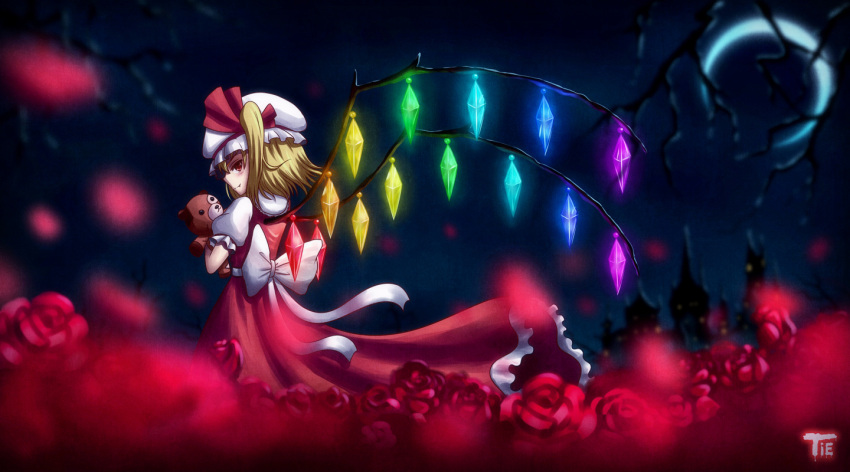 1girl bear blonde_hair blush branch crescent_moon doll_hug dress fang flandre_scarlet flower frills from_behind hat hat_ribbon light_smile looking_at_viewer looking_back mob_cap moon night petals puffy_short_sleeves puffy_sleeves red_dress red_eyes ribbon rose rose_petals shirt short_hair short_sleeves side_ponytail smile solo stuffed_animal stuffed_toy touhou vest wings yutie1990