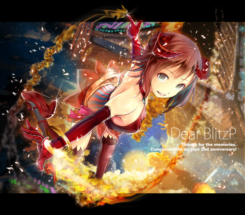 1girl amami_haruka aqua_eyes bare_shoulders brown_hair elbow_gloves gloves horns idolmaster outstretched_arms red_gloves red_legwear short_hair solo spread_arms standing_on_one_leg thigh-highs yae_(mono110)