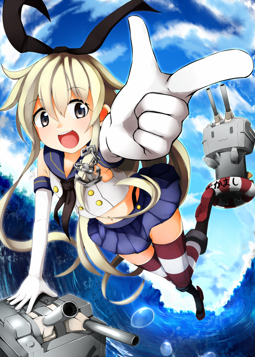 1girl :3 :d anchor anchor_hair_ornament bare_shoulders blonde_hair blue_skirt blue_sky bobu_(3349790) boots bow brown_eyes elbow_gloves foreshortening gloves hair_bow highres kantai_collection long_hair midriff navel neckerchief ocean open_mouth pleated_skirt pointing rensouhou-chan sailor_collar shimakaze_(kantai_collection) skirt sky smile solo striped striped_legwear thigh-highs waves white_gloves zettai_ryouiki |_|