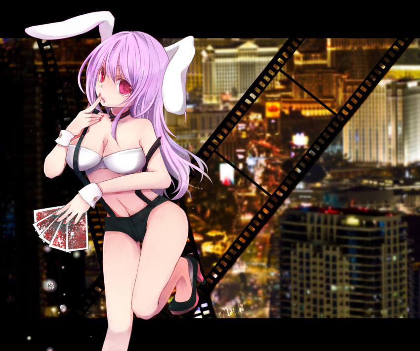 1girl animal_ears breasts bunny_girl card cityscape crop_top finger_to_mouth high_heels holding holding_card long_hair looking_at_viewer off_shoulder photo_background pink_eyes purple_hair rabbit_ears reisen_udongein_inaba solo standing_on_one_leg suspenders touhou wrist_cuffs