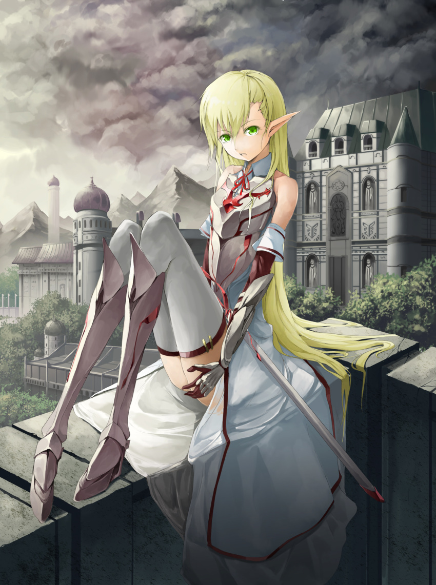 1girl blonde_hair green_eyes highres long_hair original pointy_ears revision solo solru sword thigh-highs weapon