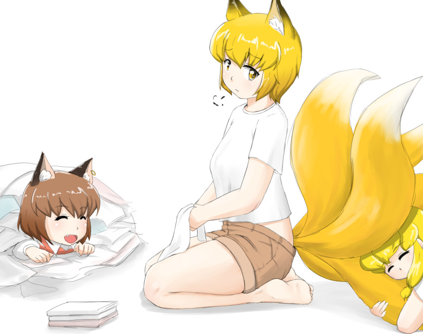 3girls alternate_costume animal_ears blonde_hair brown_hair cat_ears chen closed_eyes ear_piercing fang fox_tail jewelry multiple_girls nishishi open_mouth piercing seiza shirt short_hair short_sleeves shorts sighing single_earring sitting smile tail tail_hug touhou towel yakumo_ran yakumo_yukari yellow_eyes